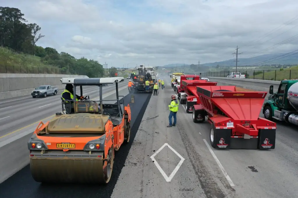 Ghilotti crews work on highway paving project in Marin County, CA