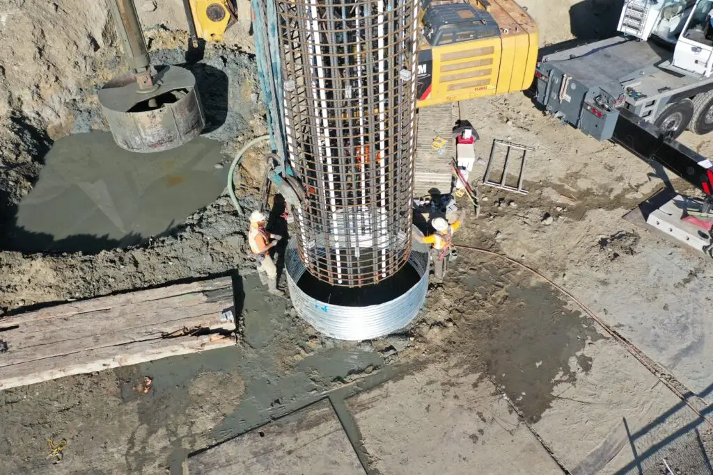 Crews work on structural concrete during Highway 101 widening project in Sonoma County, CA