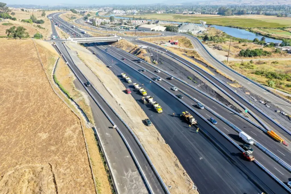 Aerial view of Highway 101 paving project at Kastania Road