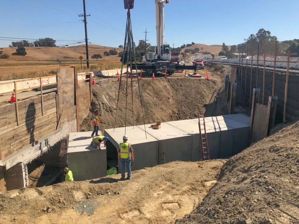 Crew working on box culverts during Highway 101 project in Petaluma, CA