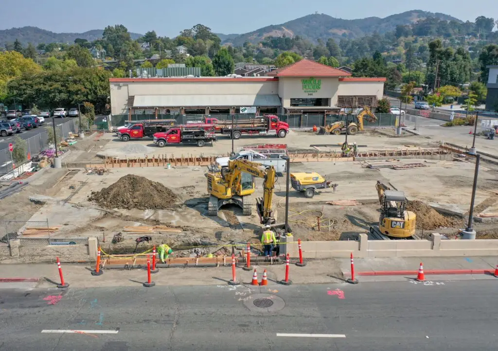 Aerial view of Ghilotti crews set up and working on site development for the Whole Foods project in San Rafael, CA