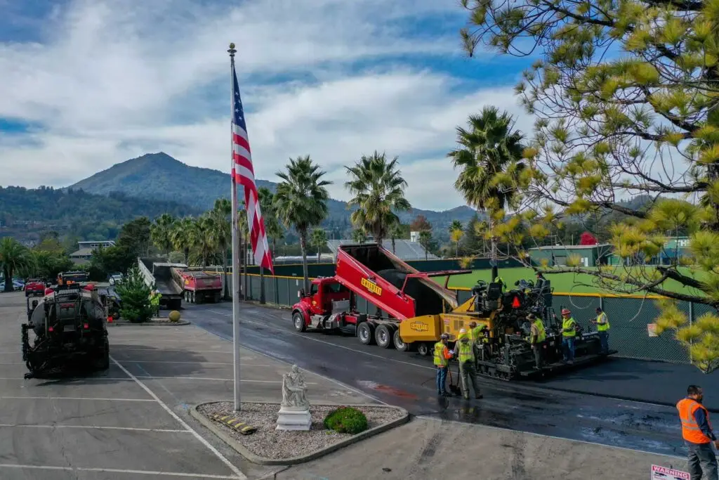 A Ghilotti crew works on a paving project at Marin Catholic High School in Novato, CA